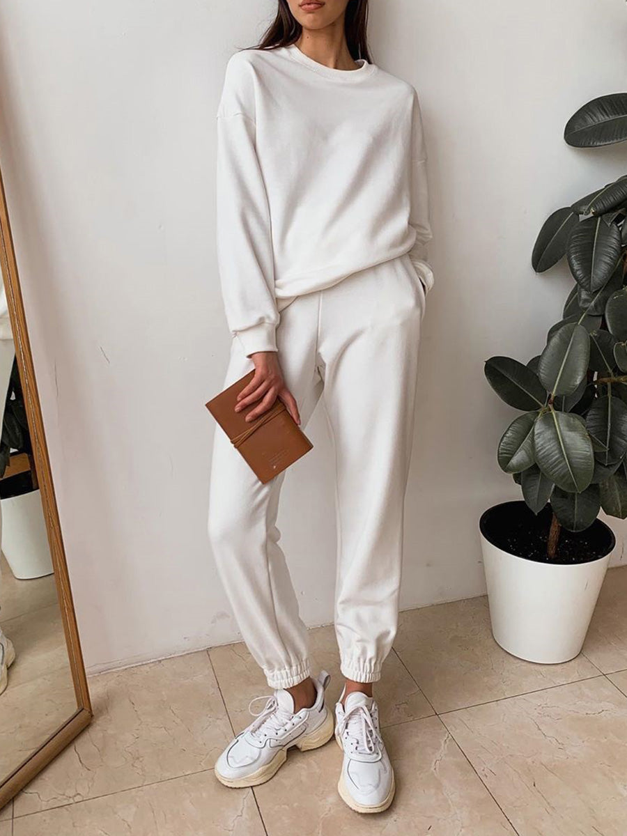 Fashion Round Neck Solid Color Casual Two-piece Suit