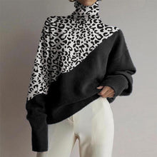 Load image into Gallery viewer, Fashion High Collar Leopard Stitching Loose Sweater

