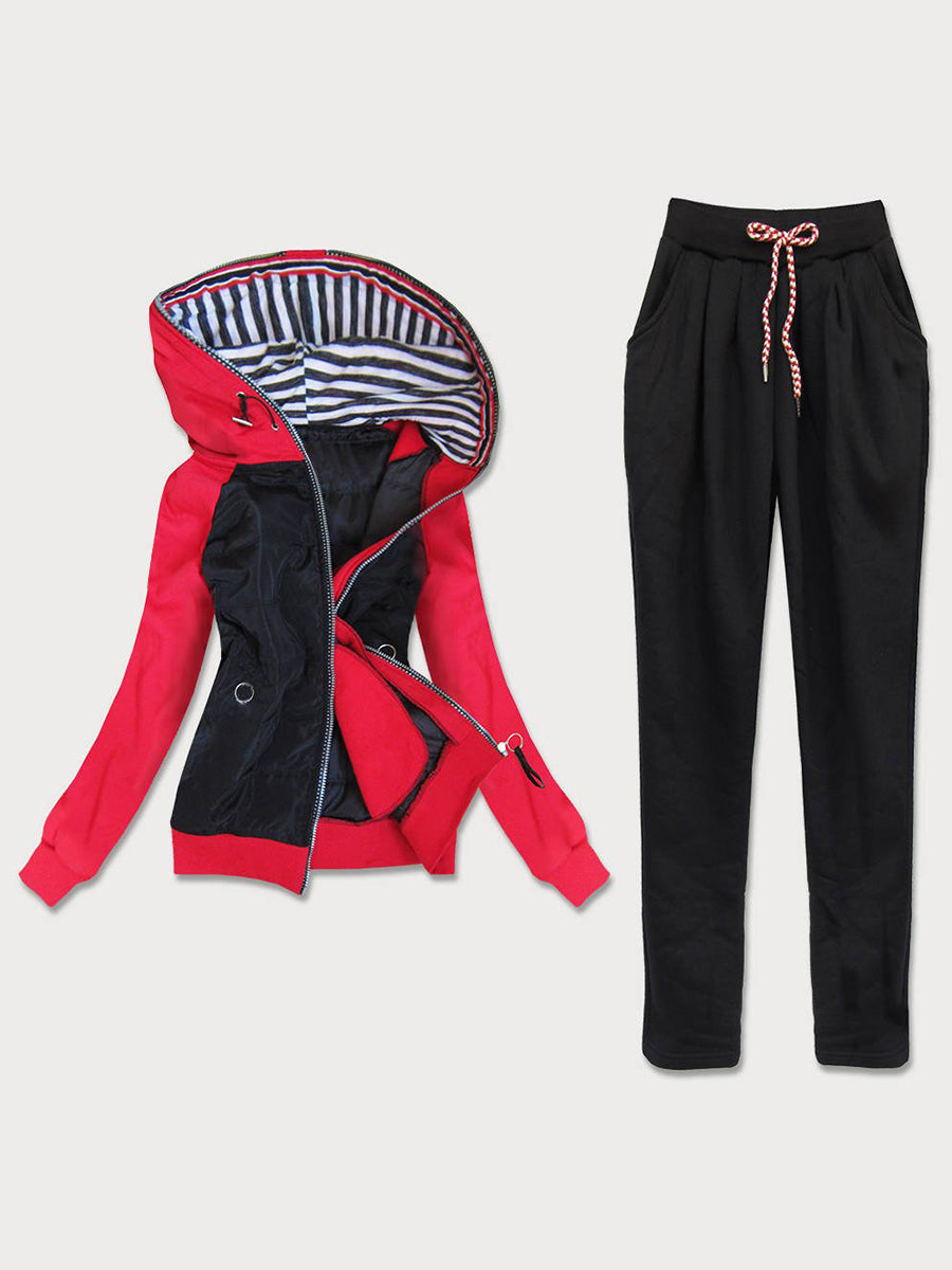 Casual Loose Long Sleeved Hooded Striped Coat Pants Suit