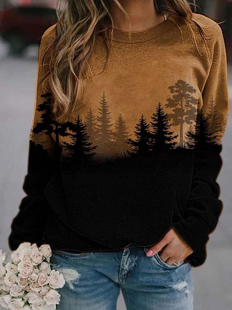 Forest Print Round Neck Long Sleeve Hoodies
