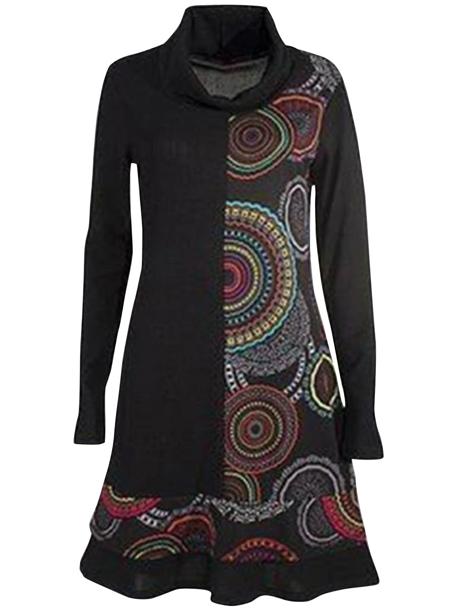 High Neck Stitching Print Long Sleeves Dress