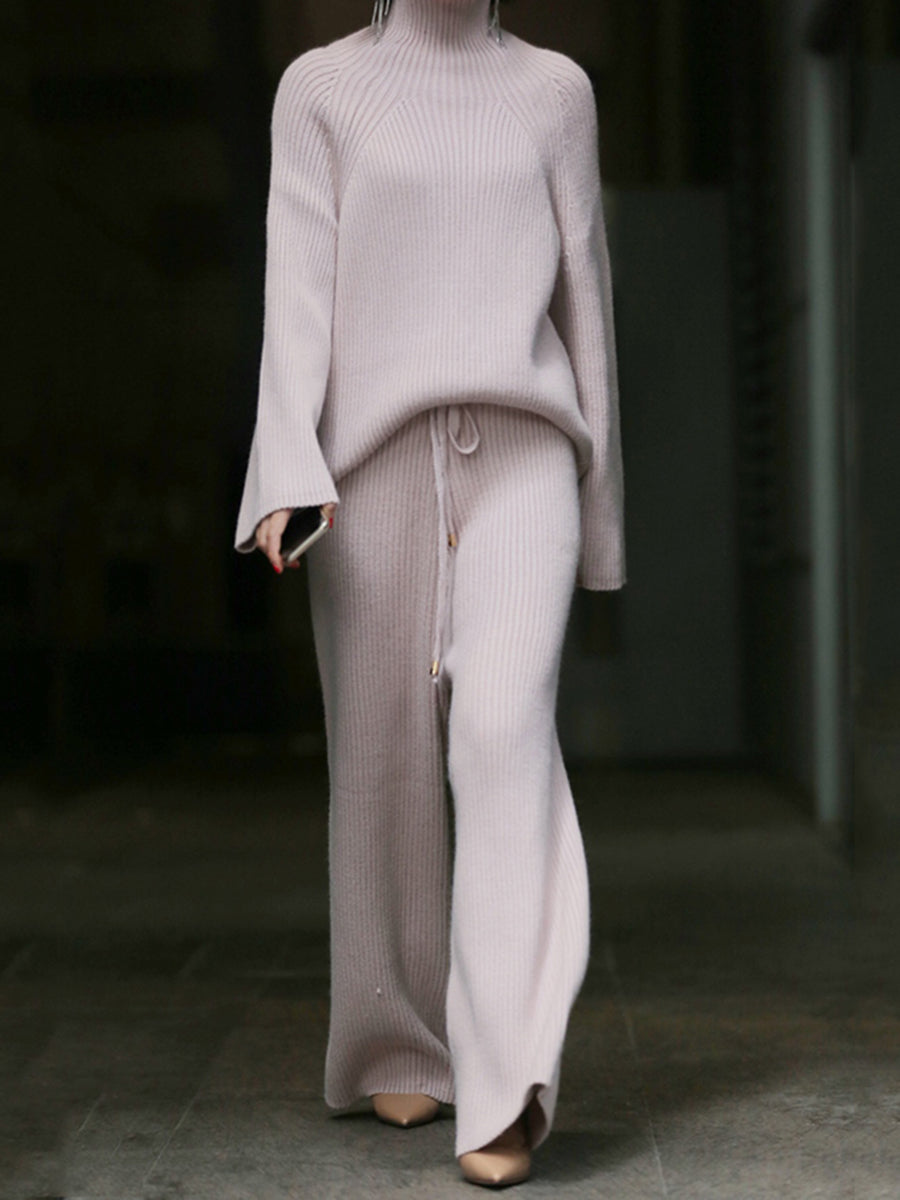 Ladies High Collar Casual Knitted Two-piece Suit