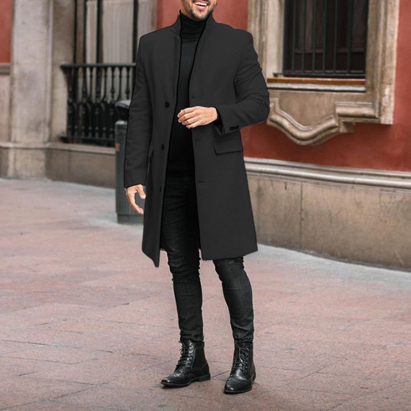 Men'S Fashion Casual Stand-Collar Solid Color Long Coat