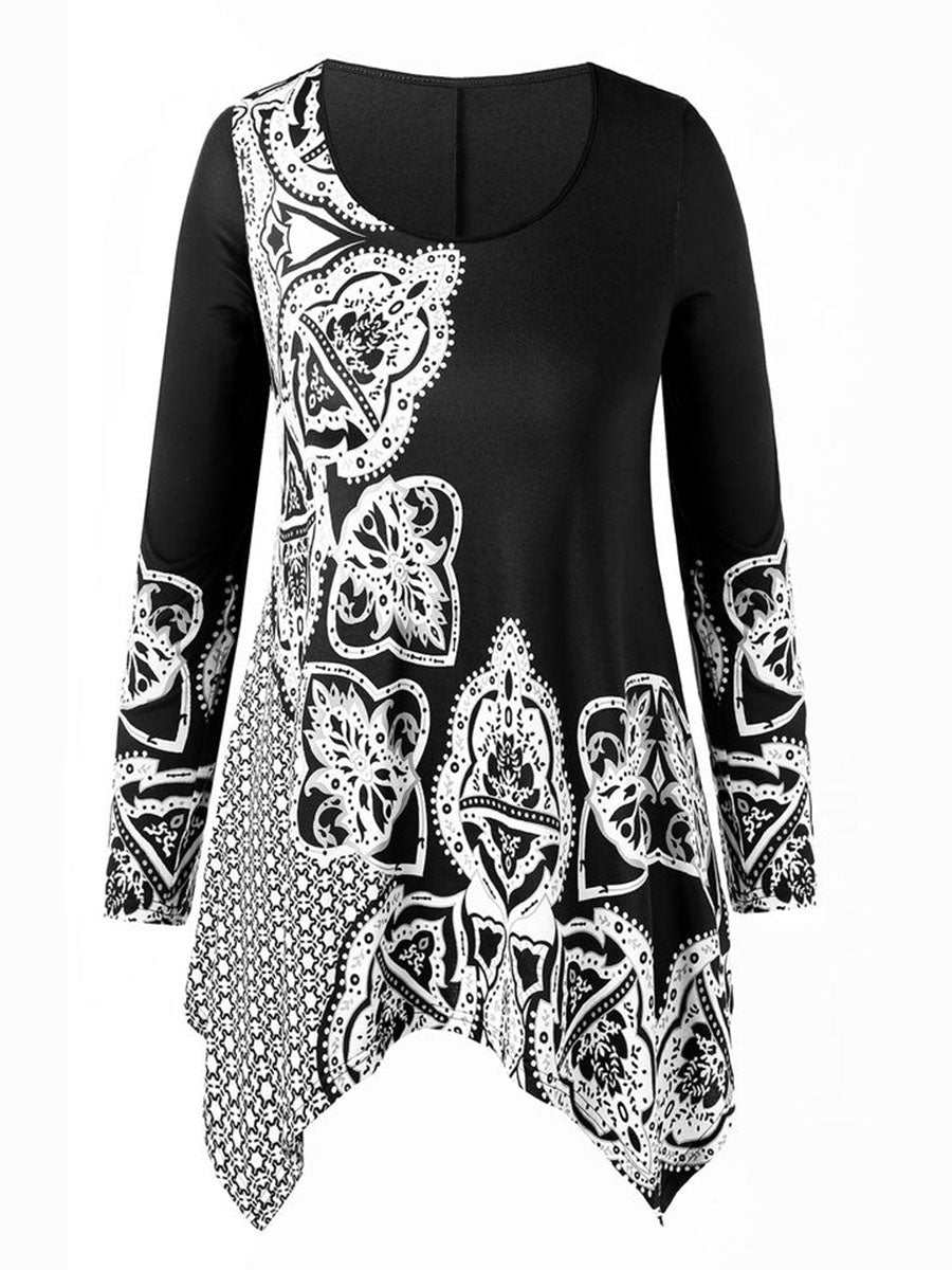 Round Neck Lace Print Long Sleeve Dress