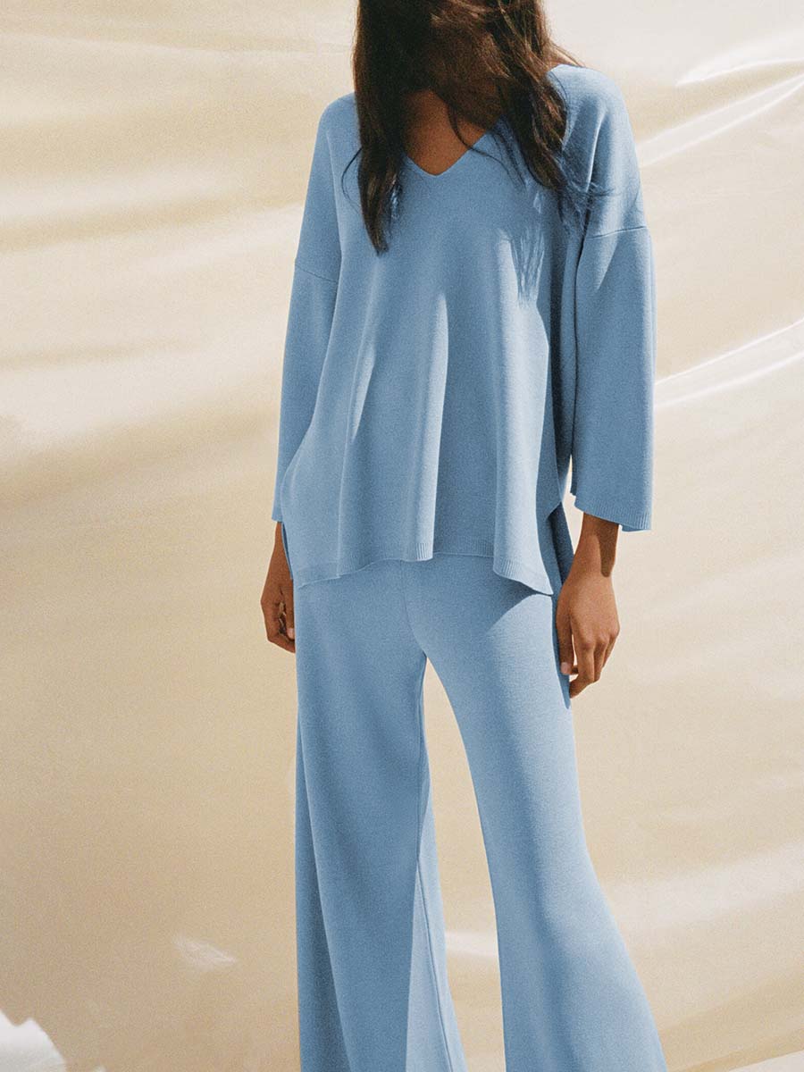 Simple Casual Loose V Neck Long Sleeved Knitted Suit