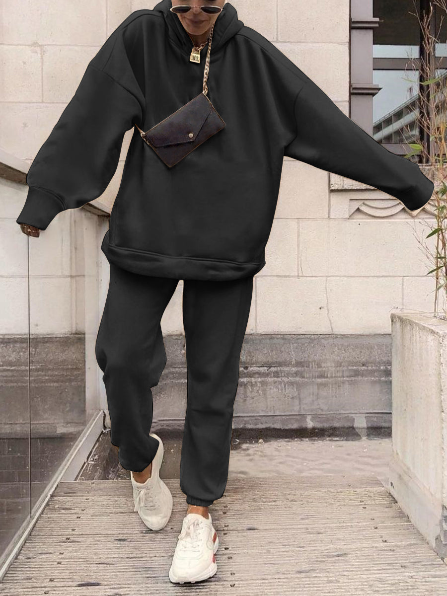 Casual Loose Hood Solid Color Two-piece Suit