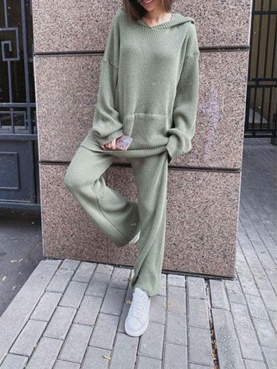 Casual Solid Color Loose Hooded Knitted Two-Piece Suit