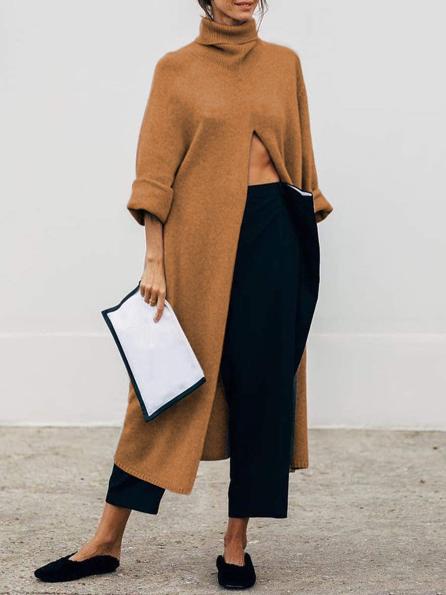Fashion Casual High Neck Split Long Sweater