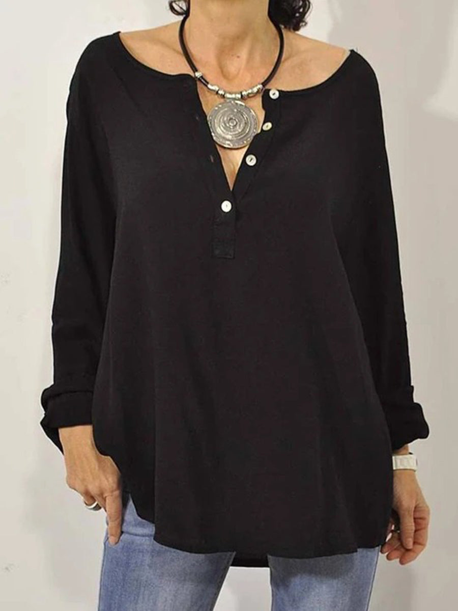 Solid Color V-neck Button-neck Long-sleeved Loose Shirt