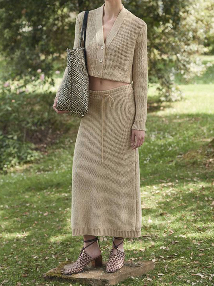 Two-Piece Women'S Casual V-Neck Button Knitted Skirt