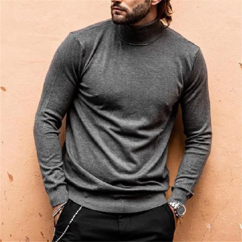 Pure Color High Collar Casual Men'S Long Sleeve T-Shirt