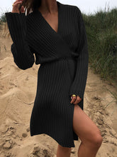 Load image into Gallery viewer, Solid Color V-neck Long-sleeved Knitted Sweater Dress
