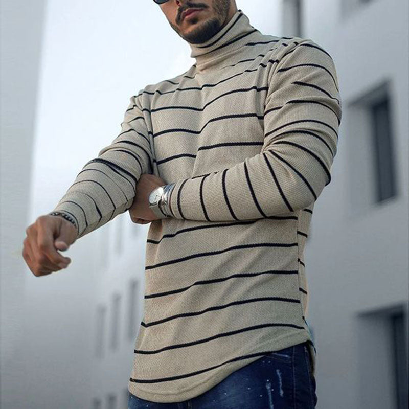 Cotton High Neck Striped Long Sleeve T-Shirt Men'S Top