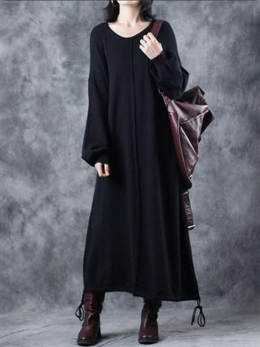 Retro Solid Color Loose V-Neck Women'S Sweater Dress