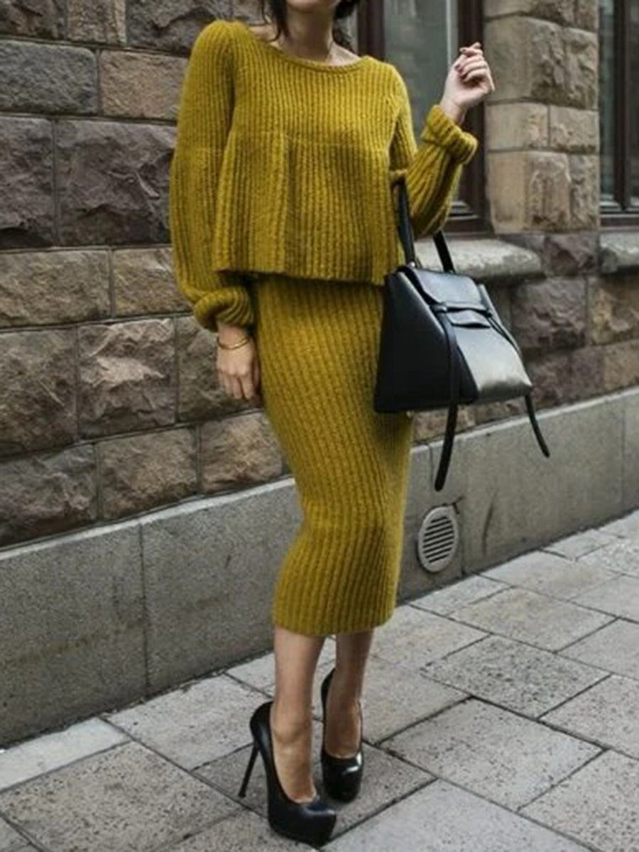 Two-piece Solid Color Loose Fashion Knitted Skirt Suit