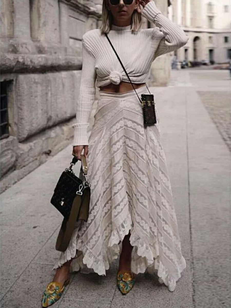 Ladies High-neck Lace Casual Dress Two-piece Suit