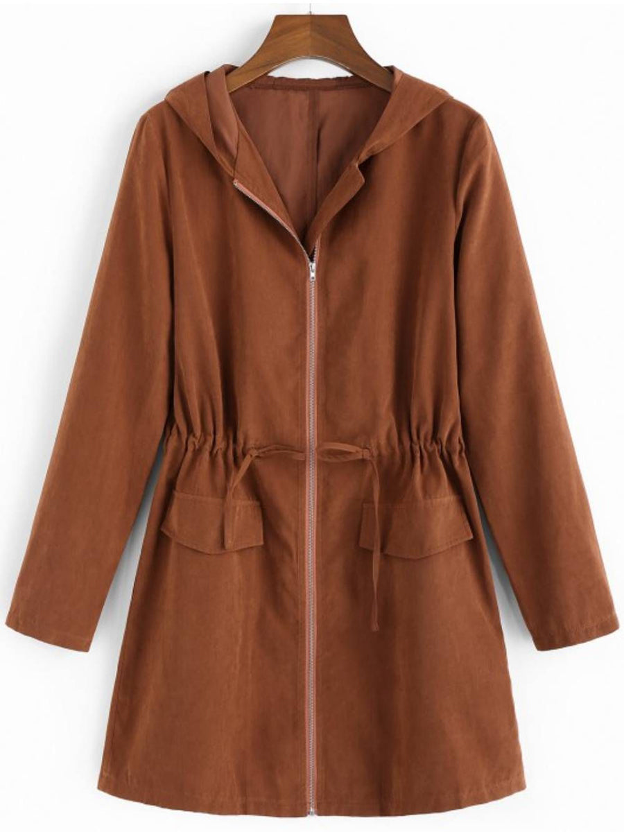 Casual Pure Color Hooded Waist Drawstring Jacket