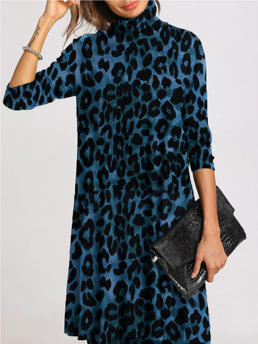 High Neck Mid-length Sleeves Leopard Print Casual Dress