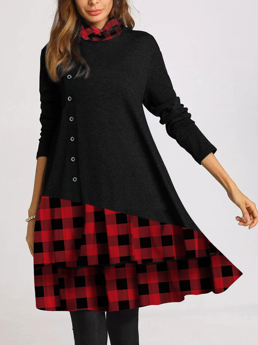 Casual Plaid Button High Neck Long Sleeve Dress