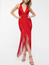 Load image into Gallery viewer, Sexy V-neck Fringed Midi Dress
