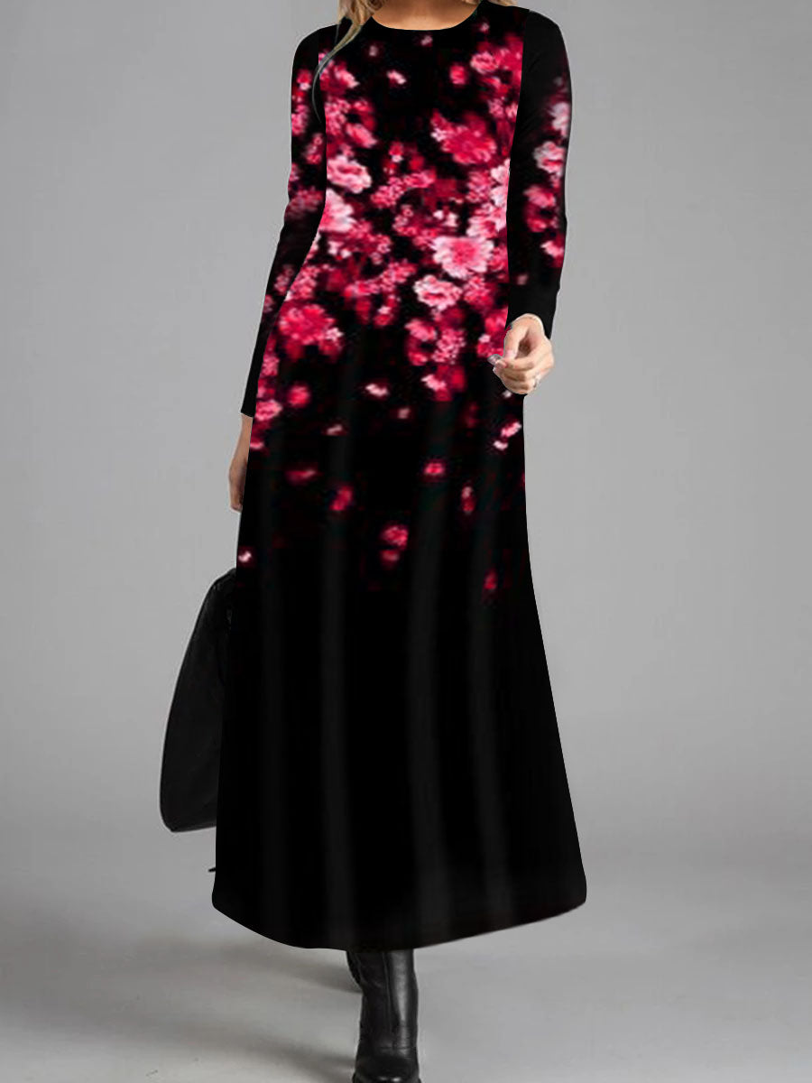 Vintage Elegant Flower Long Sleeve Round Neck Dress
