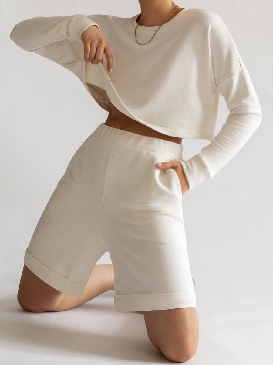 Casual Solid Color Long Sleeve Shorts Fashion Two-Piece Suit
