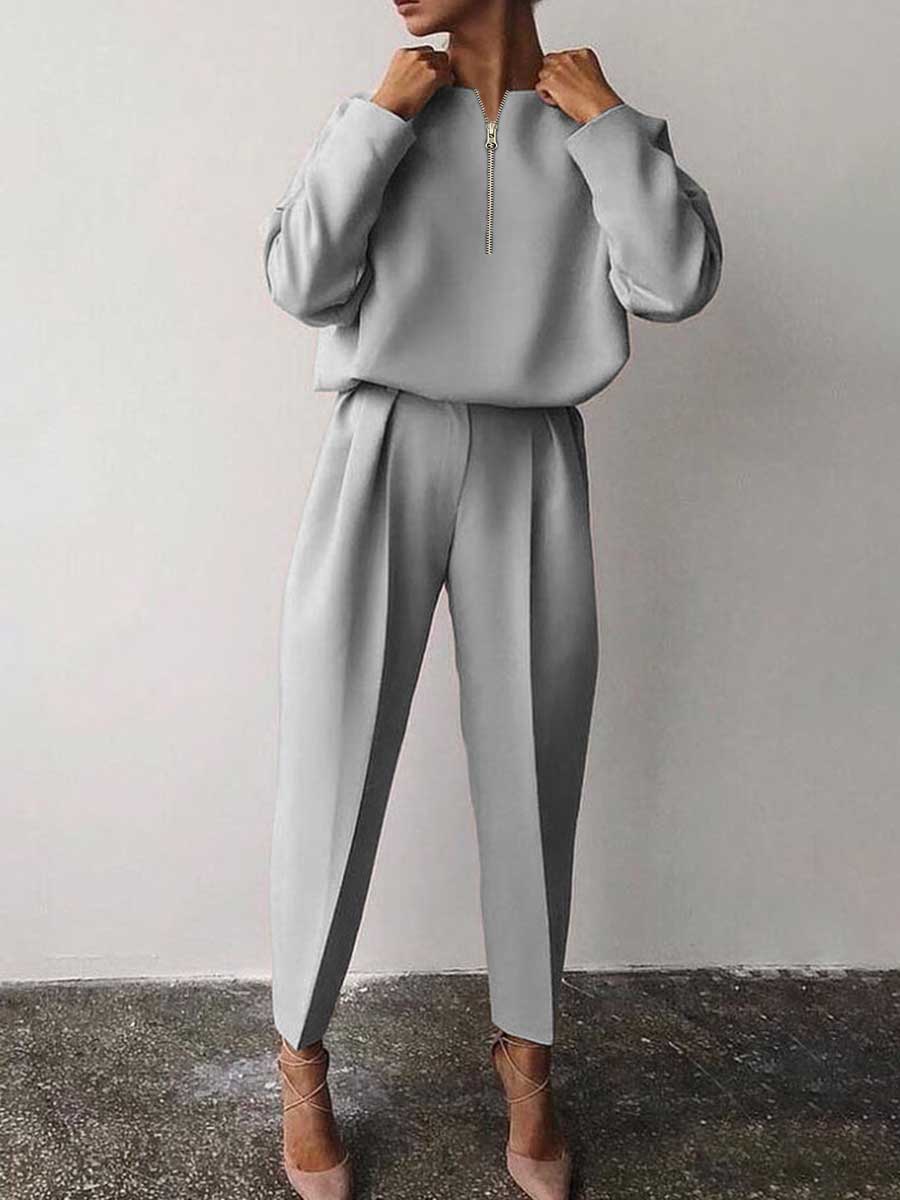 Fashion Small V-neck Zipper Casual Two-piece Suit