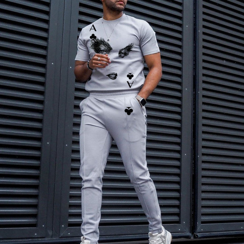 Mens Gray Printed Short-Sleeved T-Shirt And Pants Sui