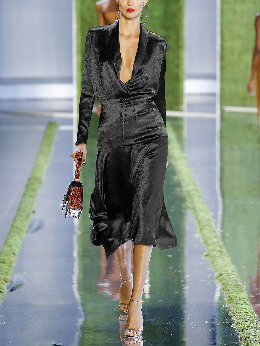 Fashion V-neck Long Sleeve Midi Dress