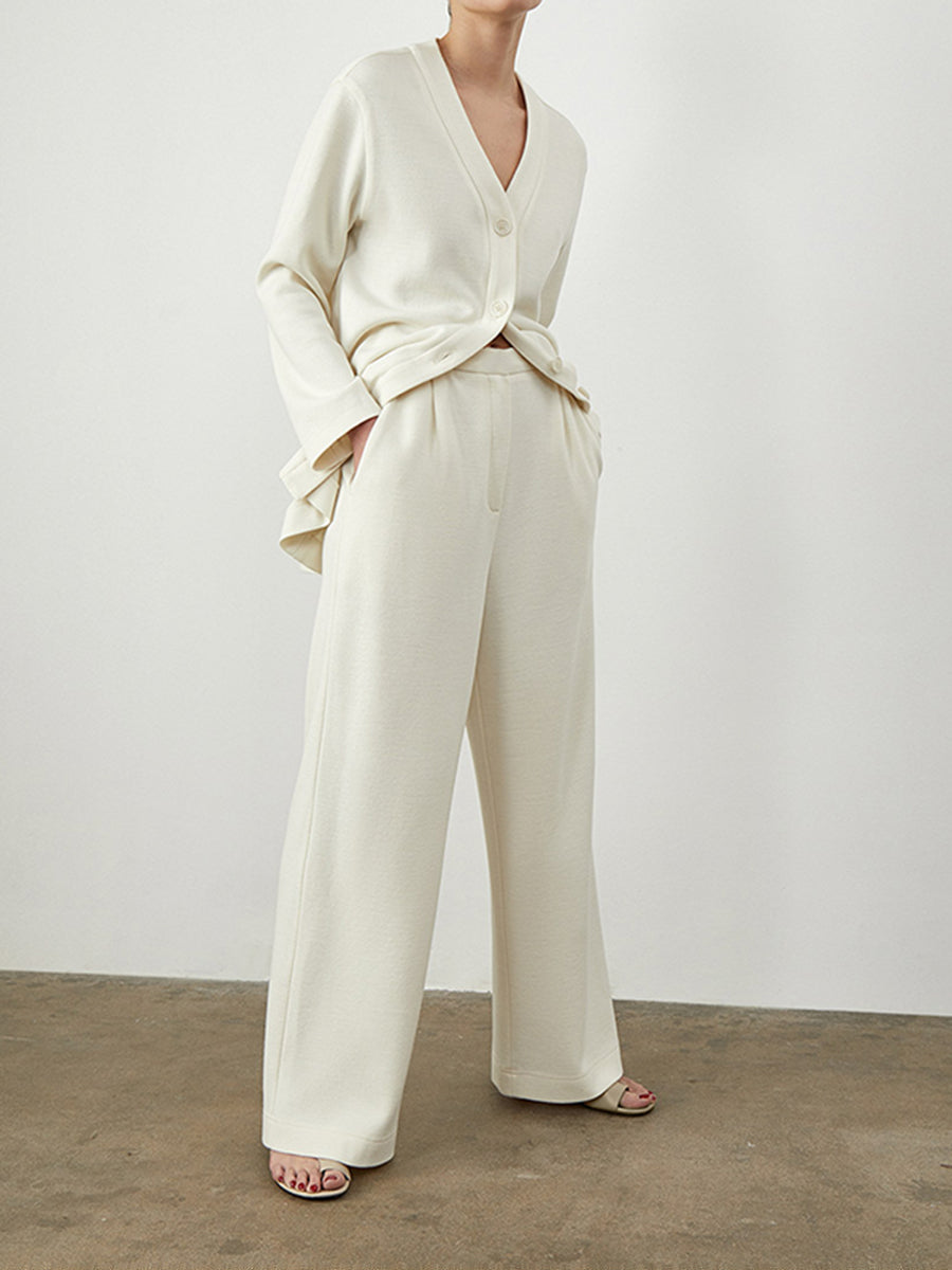 Fashion Simple Long Sleeved Round Coat Pants Knit Suit
