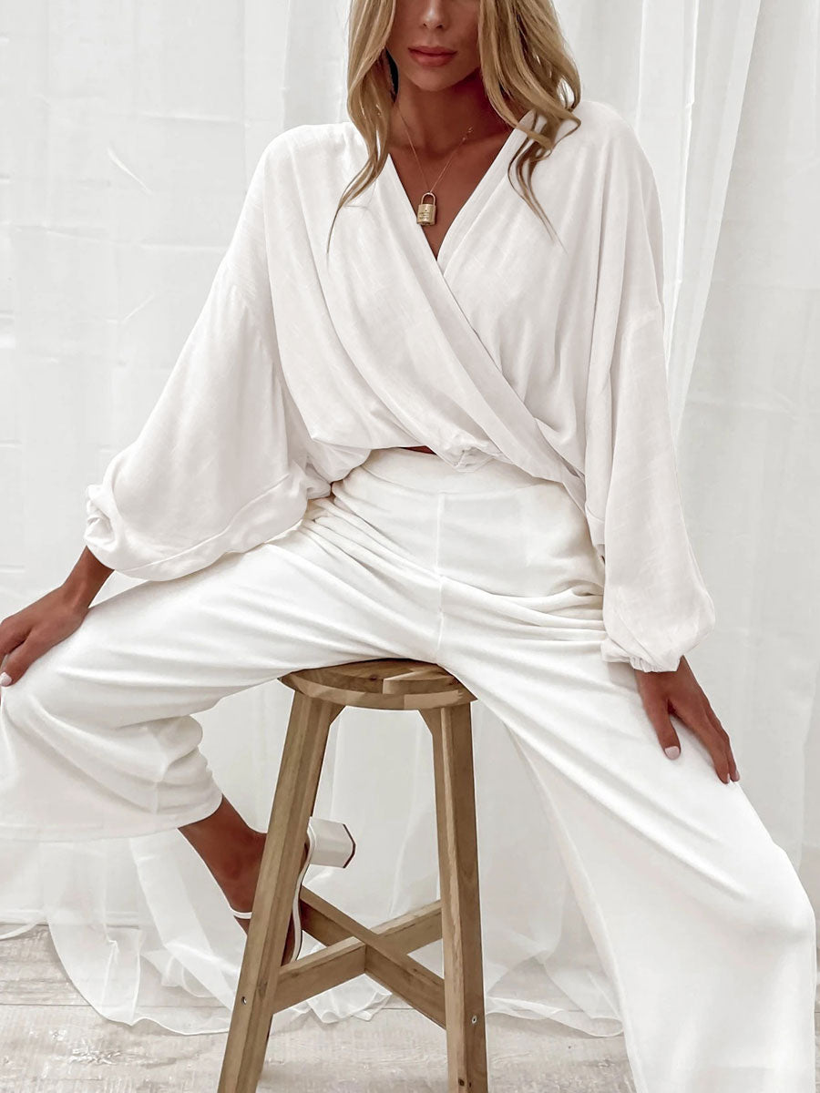 Simple Loose Long Sleeve Blouse High Waist Pants Suit