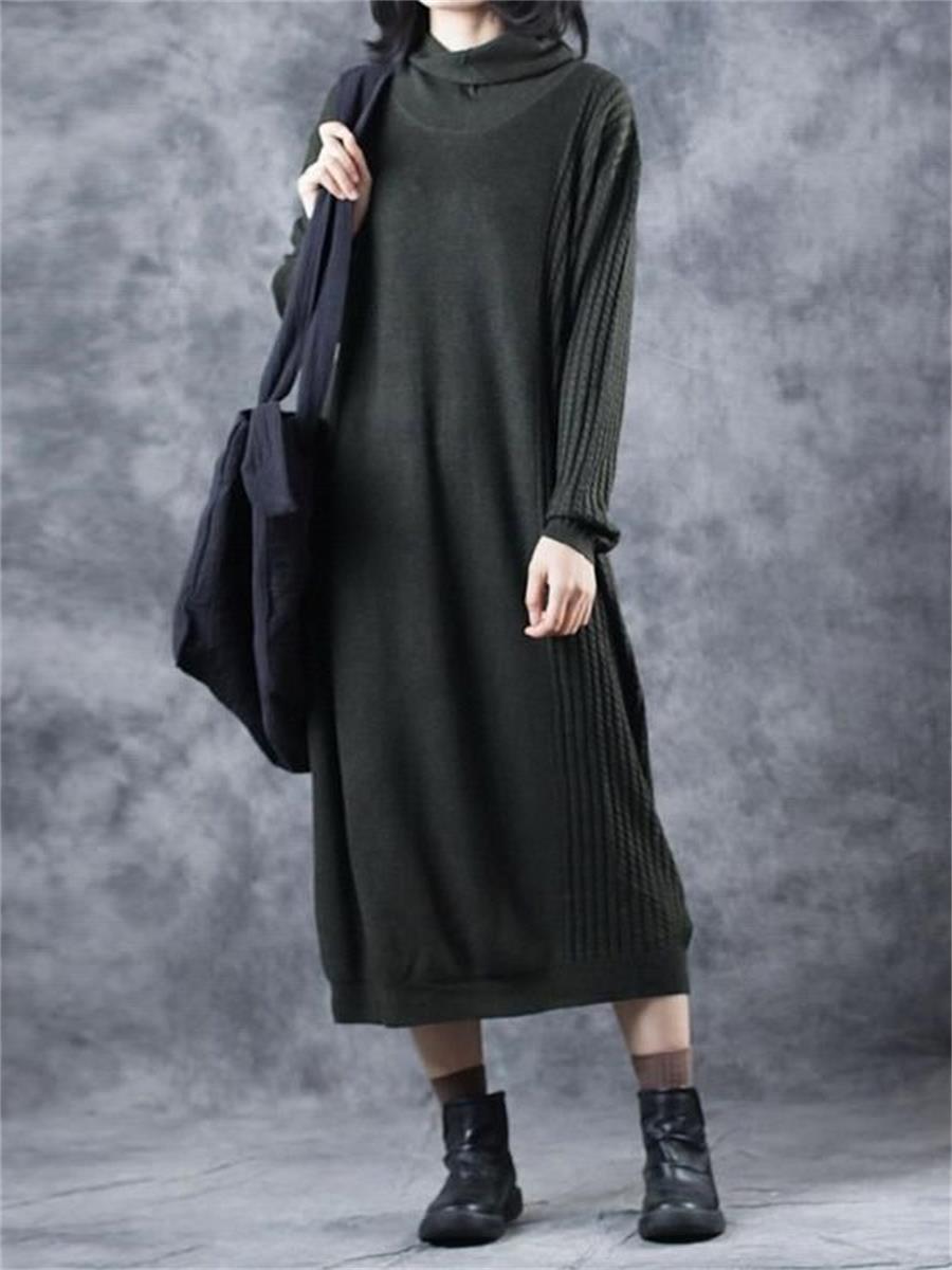 Retro Loose Casual High Neck Women'S Sweater Dress