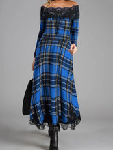 Load image into Gallery viewer, Embroidered Lace Plaid Long-sleeved One-neck Dress
