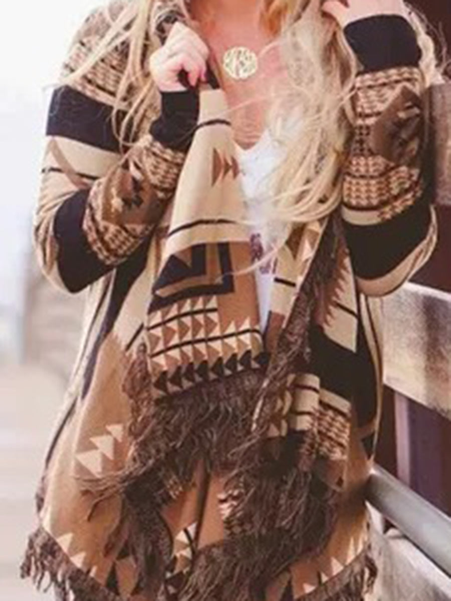 Fashion Tassel Printing Casual Woolen Cardigan