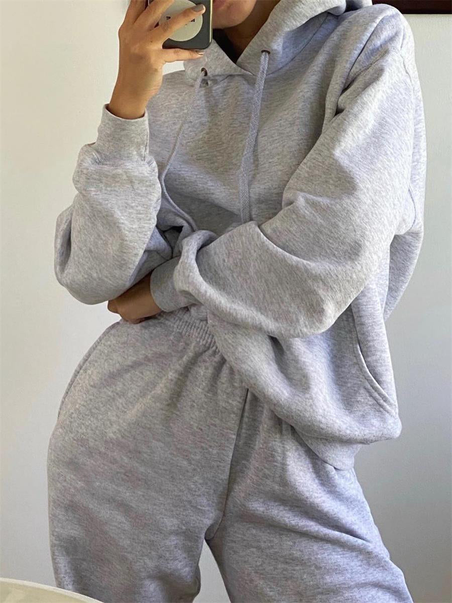 Fashionable Hooded Loose Solid Color Casual Women'S Suit