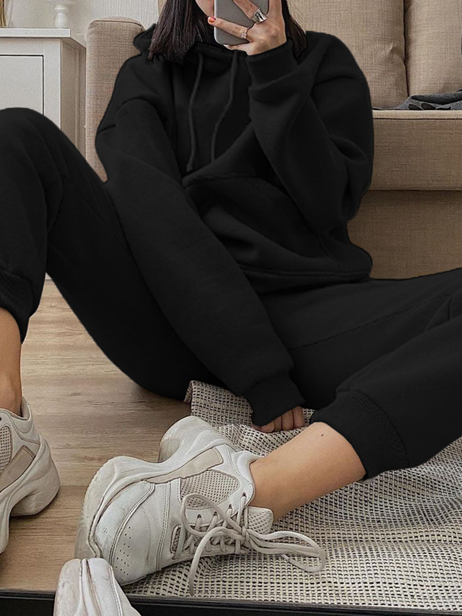Women'S Casual Solid Color Hooded Sports Loose Two-Piece Suit