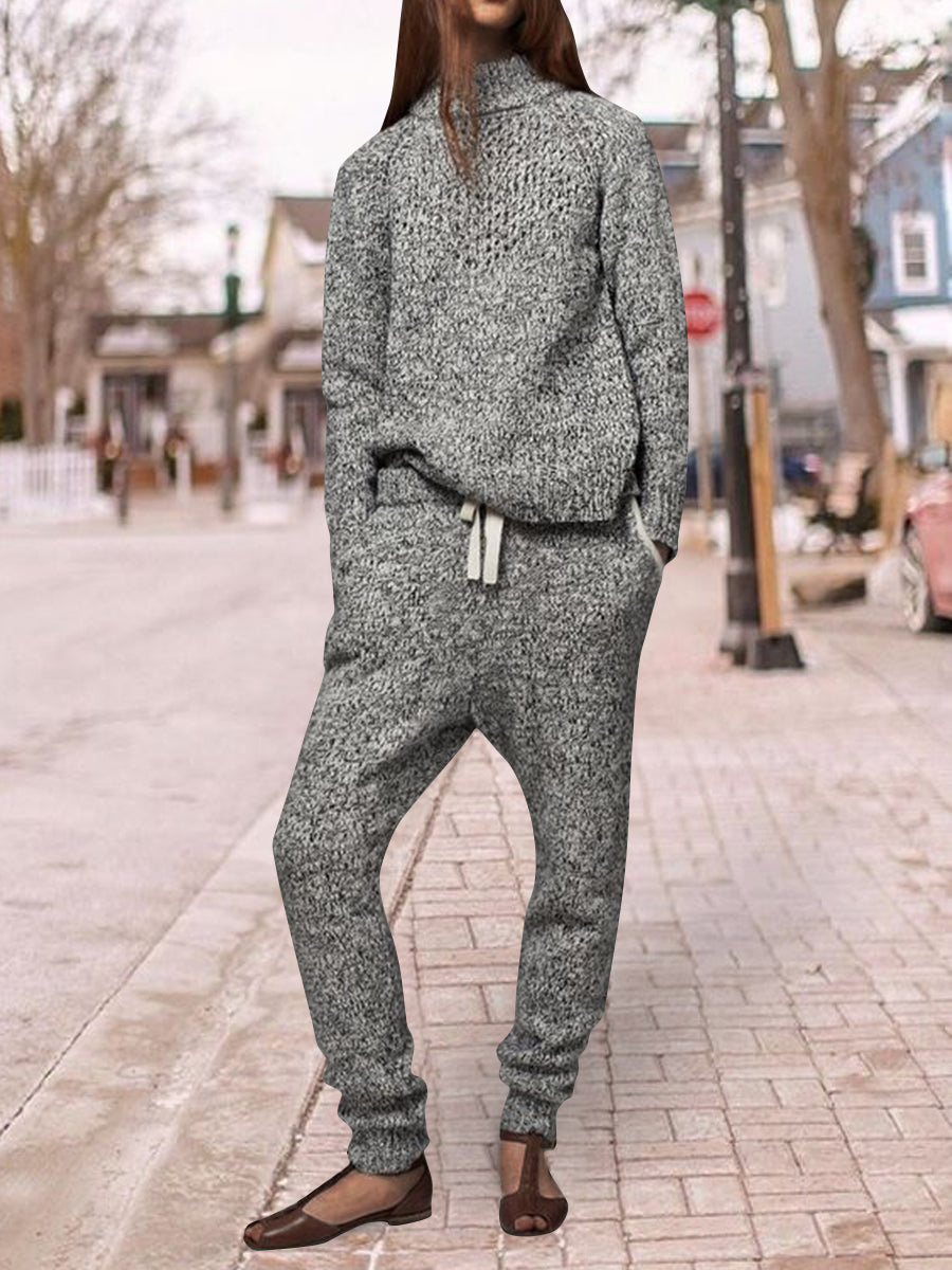 Two-piece Casual High Neck Knitted Women's Suit