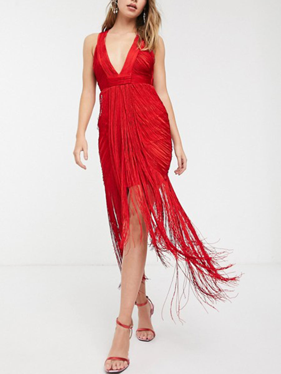 Sexy V-neck Fringed Midi Dress