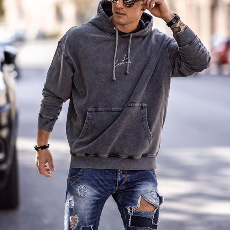 Dark Grey Hoodie Men'S Retro Basic Long Sleeve Sweatshirt