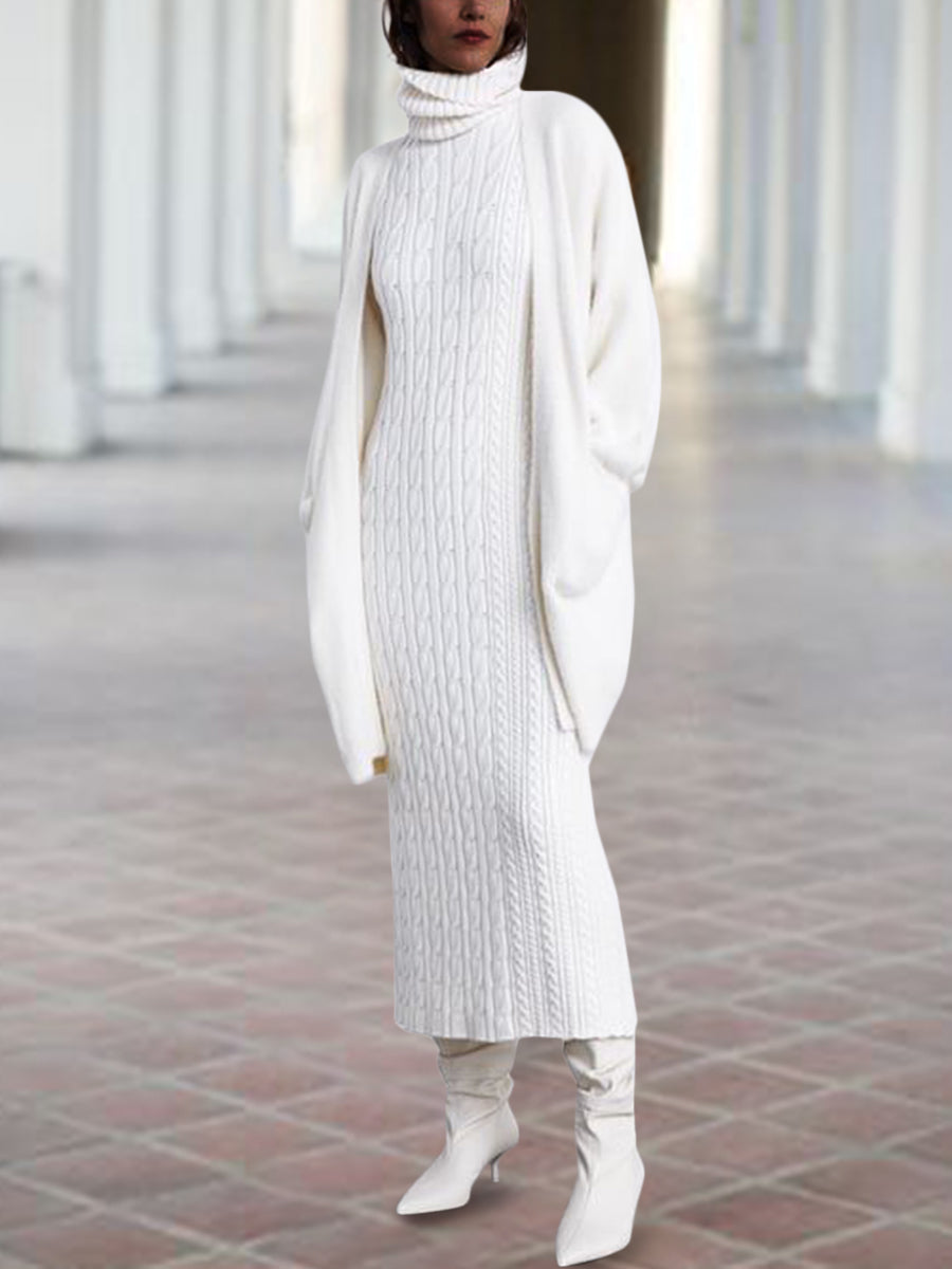 Snug High Neck Solid Color Crochet Dress