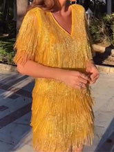 Load image into Gallery viewer, Fashion V-neck Short Sleeve Fringed Mini Dress
