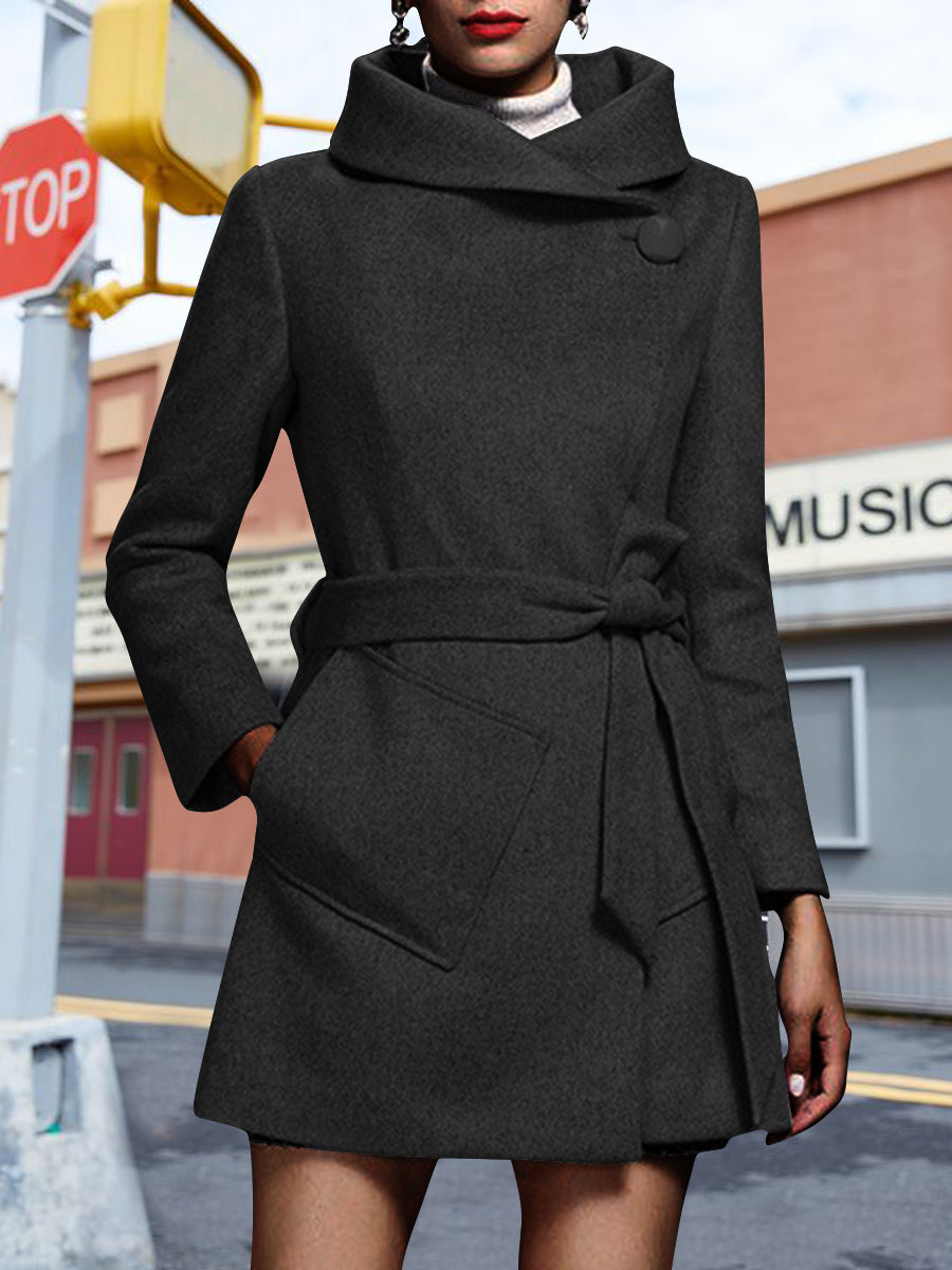 Women's Lapel Pocket Solid Color Casual Woolen Coat