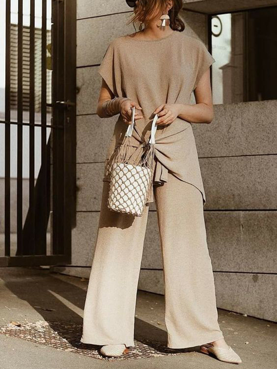 Fashion Casual Solid Color Round Neck Short Sleeve Two-piece Suit