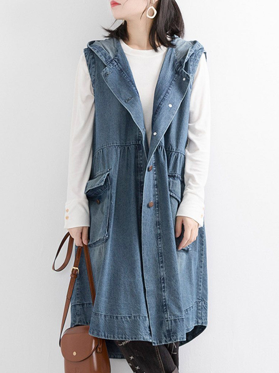 Retro Hooded Sleeveless Denim Fashion Casual Vest Trench Coat
